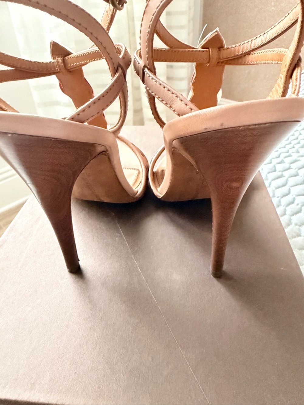 Bottega Veneta Tan and Burgundy Braided T-Strap Heels - Picture 4 of 7